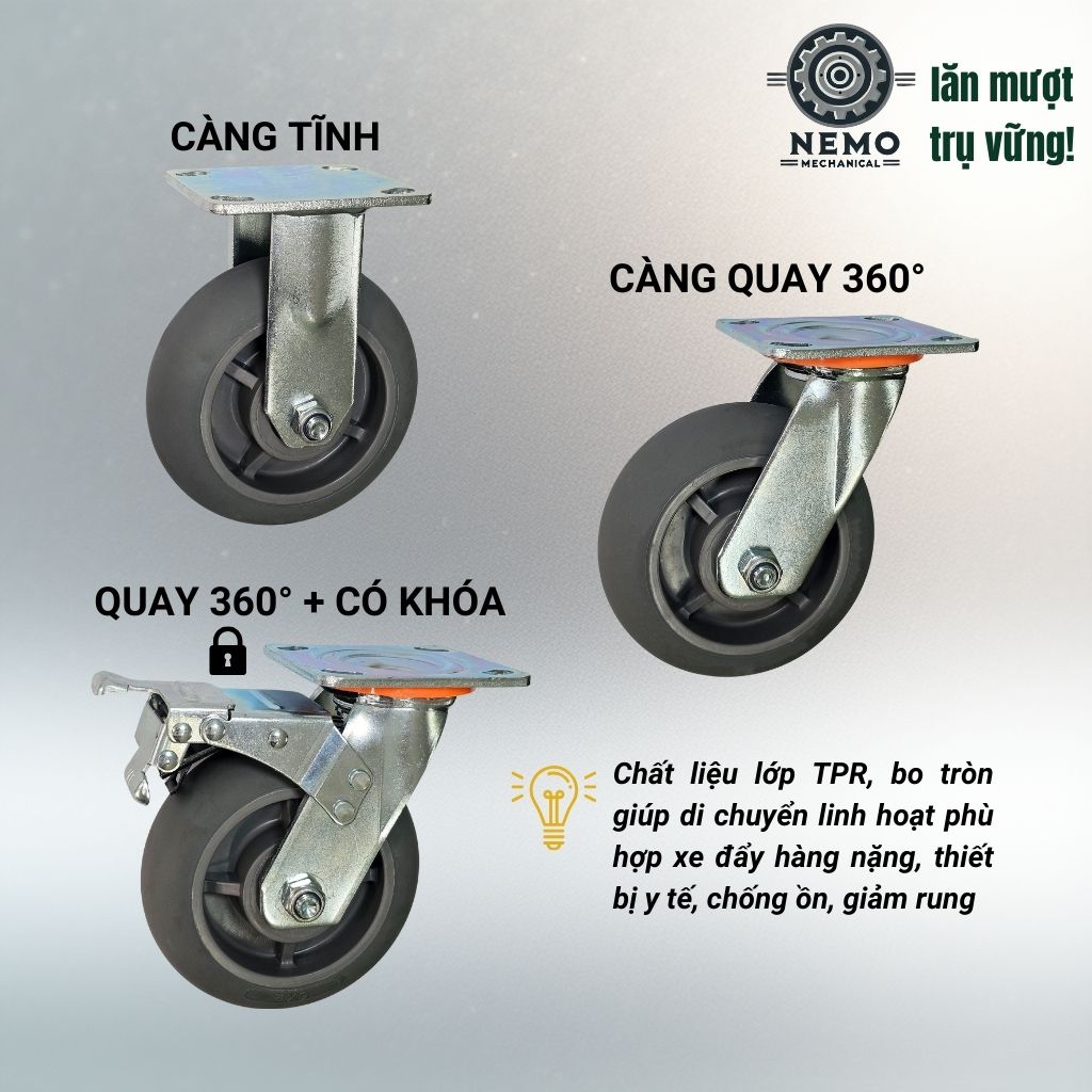 Bánh Xe TPR Bo Tròn Tải Nặng D150 – Siêu Linh Hoạt, Chống Rung & Bảo Về Sàn (Càng 5.5mm)